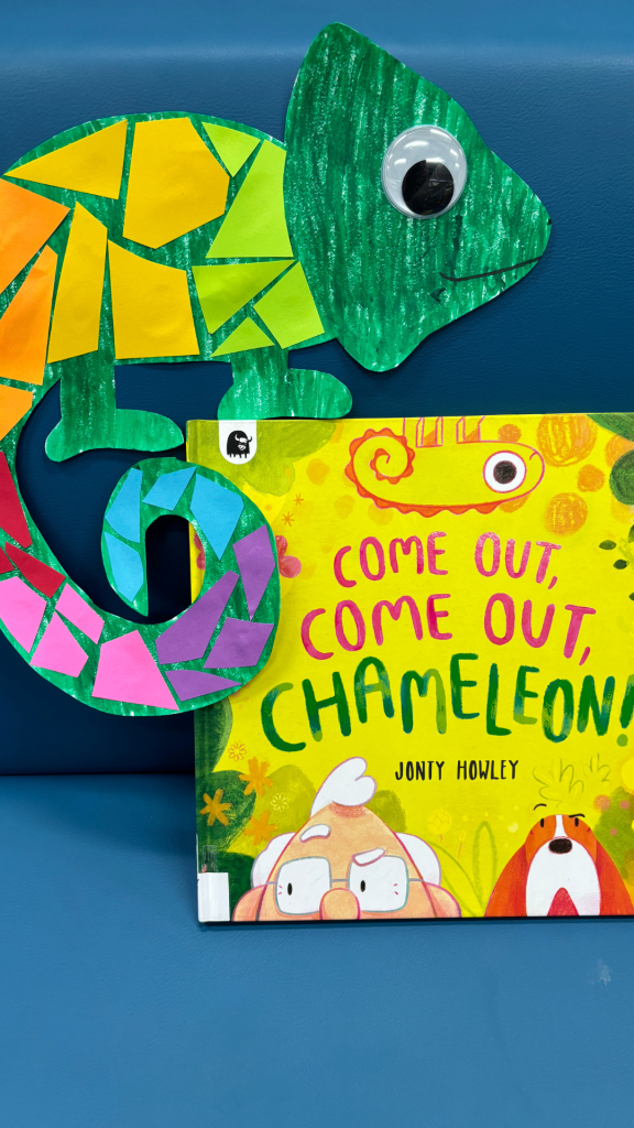 Come Out, Come Out, Chameleon! book with Chameleon craft.